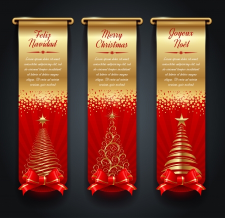 Vertical golden banners with greetings and Christmas treesのイラスト素材