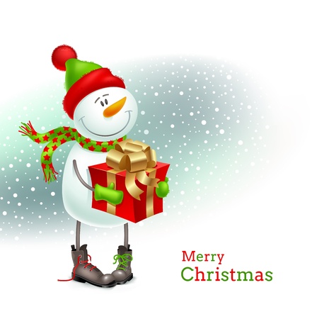 Smiling snowman dressed in winter clothing and holding in hands a gift - vector illustrationのイラスト素材