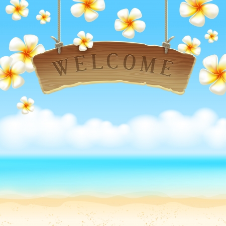 The wooden signboard Welcome hangs against tropical flowers and sea shoreのイラスト素材