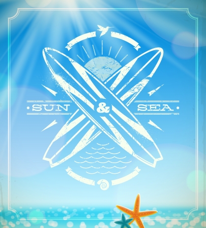 surfing grunge vintage emblem against a summer sunny seascapeのイラスト素材