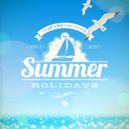Summer holidays emblem and seagulls against a sunny seascape backgroundのイラスト素材