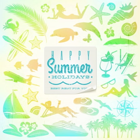 Rest and travel  set with summer holidays greeting stickerのイラスト素材