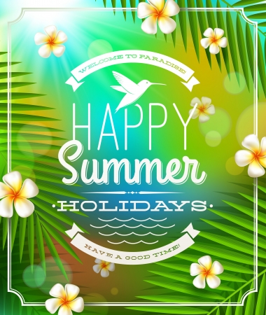 Summer holidays greeting emblem and frangipani flowers against a tropical forest backgroundのイラスト素材