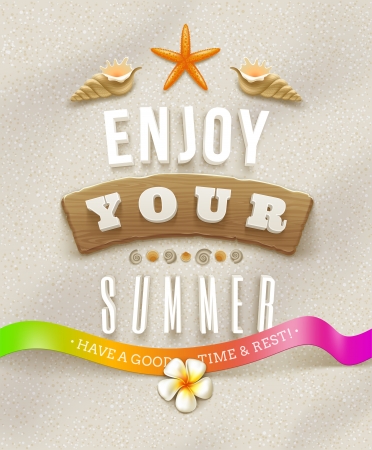 Summer holidays lettering with tropical nature elements on a beach sandのイラスト素材