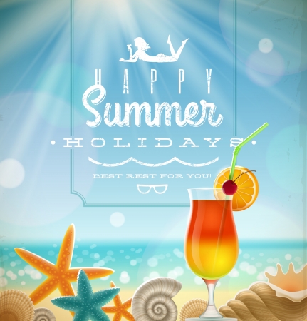 Summer holidays illustration with greeting lettering and tropical resort symbols on a sunny beachのイラスト素材