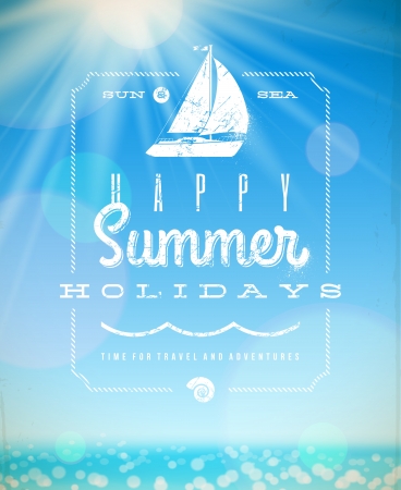 Summer holiday illustration - lettering greeting emblem with yacht on a sunny seascape backgroundのイラスト素材