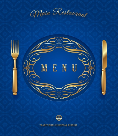 Menu with golden cutlery and ornate elements - vector illustrationのイラスト素材