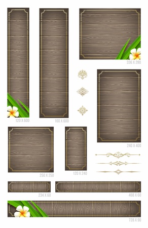 Wooden backgrounds with tropical flowers and decorative elements - set of standard vector web bannersのイラスト素材