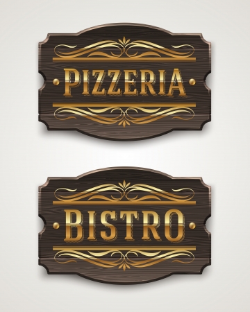 Vintage wooden signs for pizzeria and bistro with golden lettering and decorative elements - vector illustrationのイラスト素材