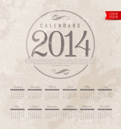 Vector template design - Decorative calendar of 2014 on a grunge vintage backgroundのイラスト素材