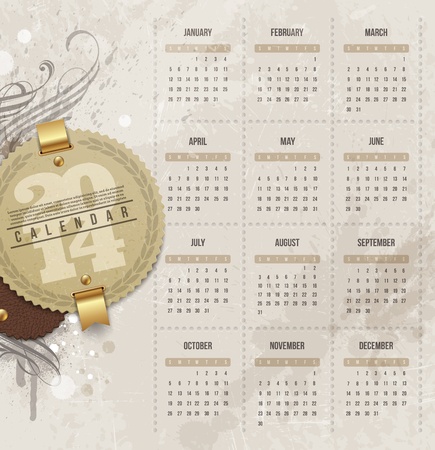 Vector design template - Calendar of 2014 with vintage labels and grunge elementsのイラスト素材