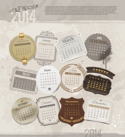 Vector design template with grunge vintage calendar of 2014 - different frames and labels for each monthのイラスト素材
