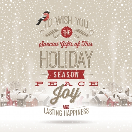 Christmas lettering  greetings against a winter holidays landscape with snow-covered village - vector illustrationのイラスト素材