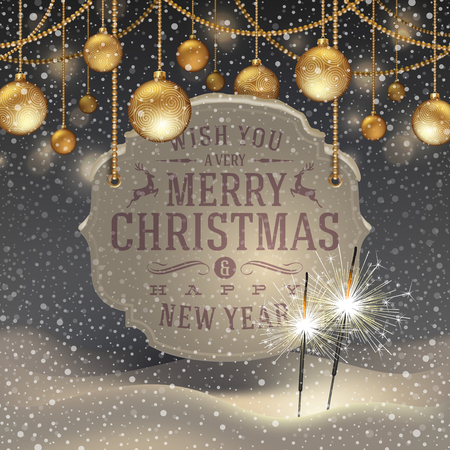Vector illustration - sparklers, golden Christmas decoration and banner with holidays greetingのイラスト素材