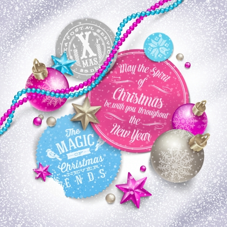 Cardboard labels with Christmas greeting and holiday decor on a snow - vector illustrationのイラスト素材