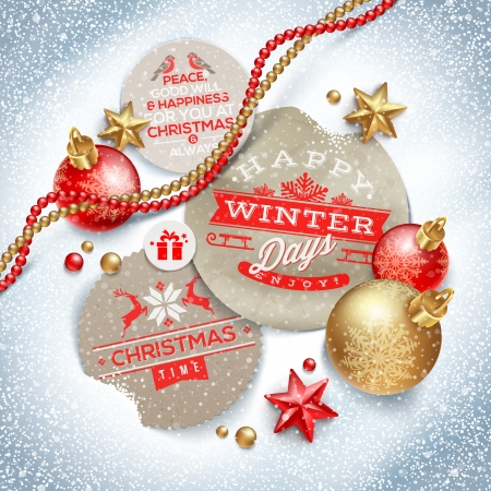 Cardboard labels with Christmas greeting and holiday decor on a snow - vector illustrationのイラスト素材