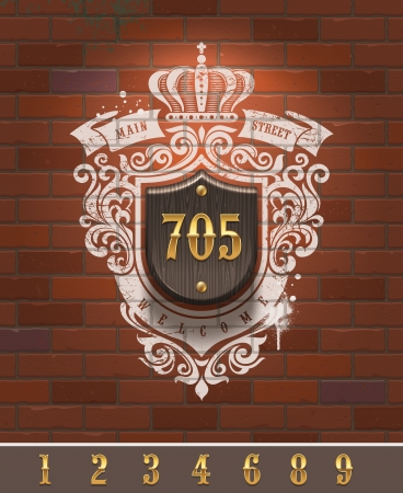 Vintage home number sign with painted heraldic on brick wall - vector illustrationのイラスト素材