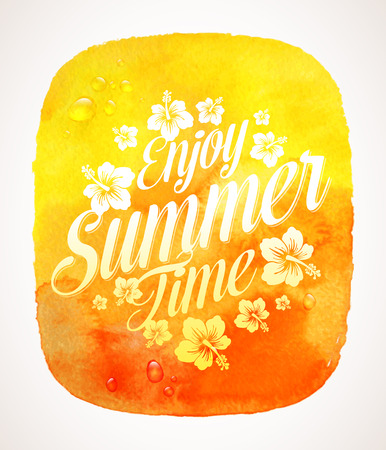 Summer time greeting with Tropical flowers against a watercolor background bannerのイラスト素材