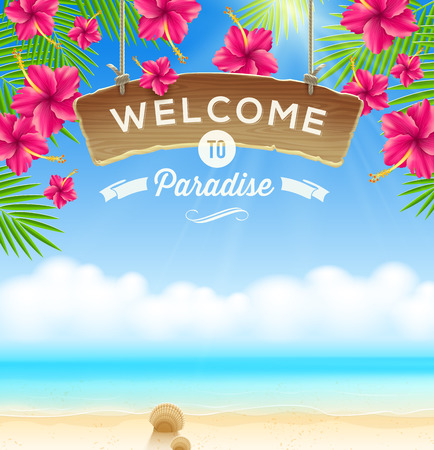 The wooden signboard Welcome -  against a tropical flowers background and beach seascapeのイラスト素材