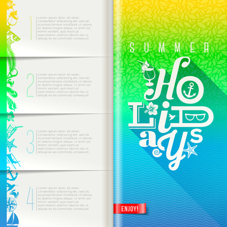 Booklet template with infographic elements - summer greeting sign with summer and vacation things on pattern paper pages - vector designのイラスト素材