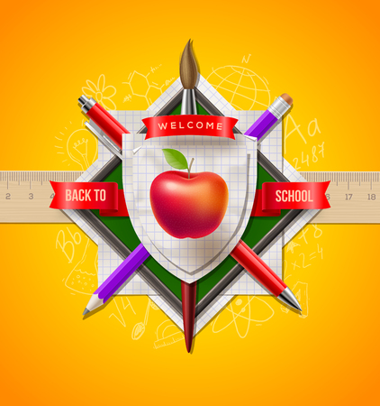 Back to school - vector coat of arms with stationery itemsのイラスト素材