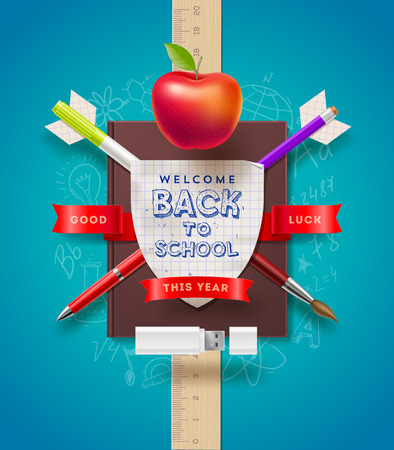 Back to school - vector coat of arms with stationery itemsのイラスト素材