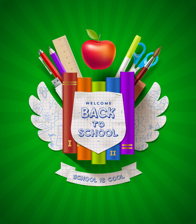 Back to school - vector coat of arms with stationery itemsのイラスト素材