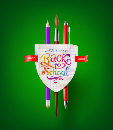 Back to school - vector coat of arms with stationery items のイラスト素材