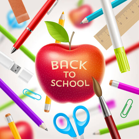 Back to school vector illustration - red apple with greeting and stationery itemsのイラスト素材
