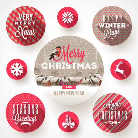 Set of round frames with Christmas greetings and flat icons with long shadows - vector illustrationのイラスト素材