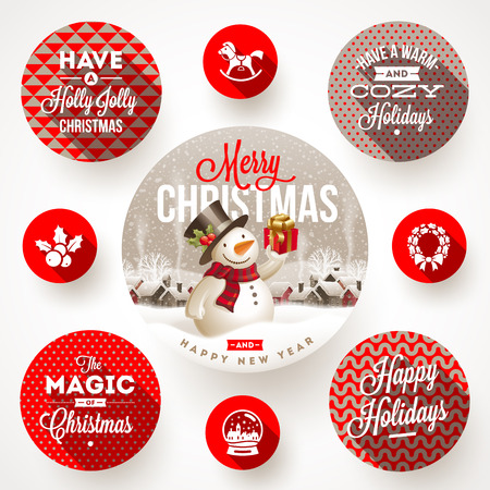 Set of round frames with Christmas greetings and flat icons with long shadows - vector illustrationのイラスト素材