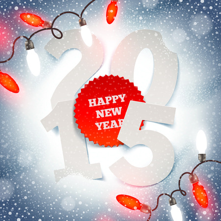 New years greeting illustration -  paper year number on snow and Christmas lightのイラスト素材