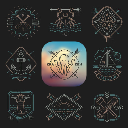 Line drawing vector illustration - Nautical, adventures and travel emblems signs and labels on a black backgroundのイラスト素材