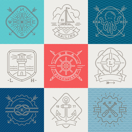 Nautical, adventures and travel emblems signs and labels - Line drawing vector illustrationのイラスト素材