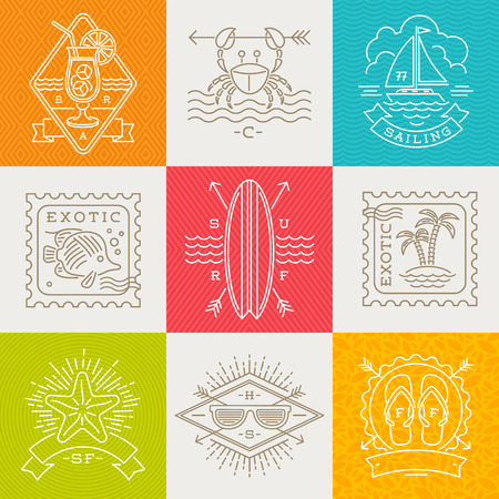 Summer holidays, vacation and travel emblems, signs and labels - Line drawing vector illustrationのイラスト素材