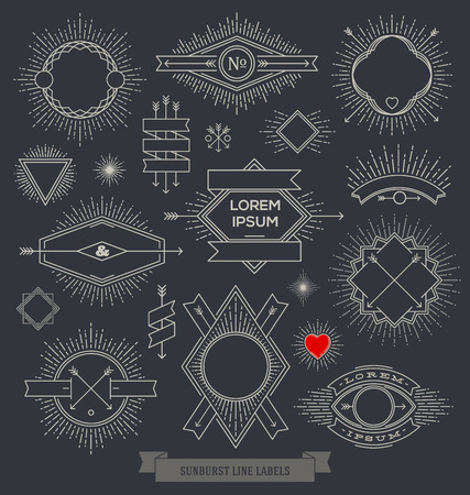 Vector set of line design emblem, sign and hipster labels with sunburst raysのイラスト素材