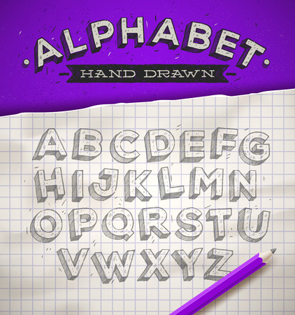 Hand drawn sketch font on a school squared notebook paper  vector illustrationのイラスト素材
