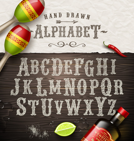 Vector hand drawn vintage alphabet  old mexican signboard style fontのイラスト素材