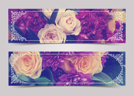 Flowers banners with flourishes calligraphic elegant ornamental frames - vector illustrationのイラスト素材