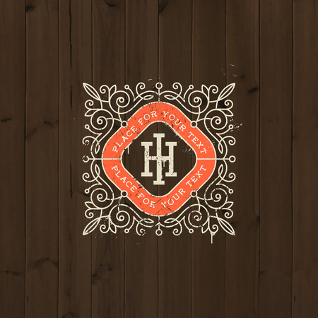 Vintage monogram logo template with flourishes calligraphic elegant ornament elements on a old wooden background. Identity design with letter for cafe, shop, store, restaurant, boutique, hotel, heraldic, fashion and etc.のイラスト素材