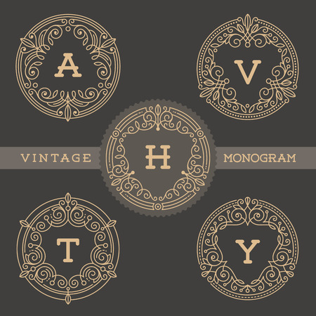 Set of monogram logo template with flourishes calligraphic elegant ornament elements. Identity design with letter for cafe, shop, store, restaurant, boutique, hotel, heraldic, fashion and etc.のイラスト素材