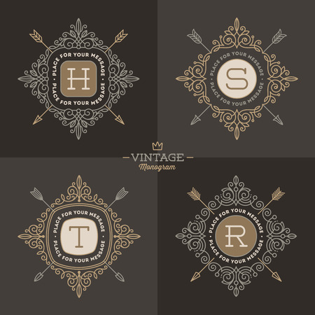 Set of monogram  template with flourishes calligraphic elegant ornament elements. Identity design with letter for cafe, shop, store, restaurant, boutique, hotel, heraldic, fashion and etc.のイラスト素材