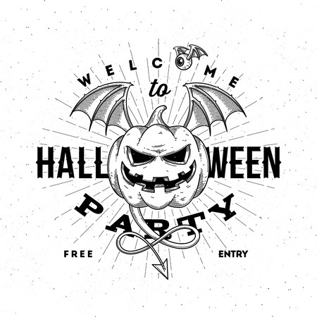Halloween party invitation with flying pumpkin - line art vector illustrationのイラスト素材
