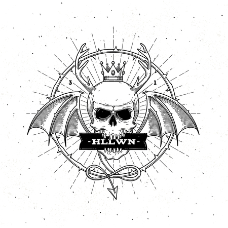 Horned skull with wings - line art halloween vector illustrationのイラスト素材