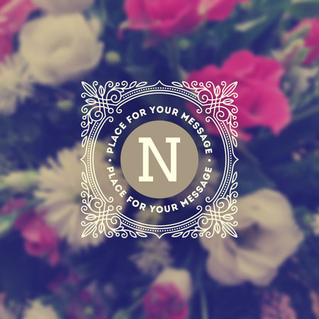 Vintage monogram logo template with flourishes calligraphic elegant ornament elements on a blurred flowers background. Identity design with letter for cafe, shop, store, restaurant, boutique, hotel, heraldic, fashion and etc.のイラスト素材