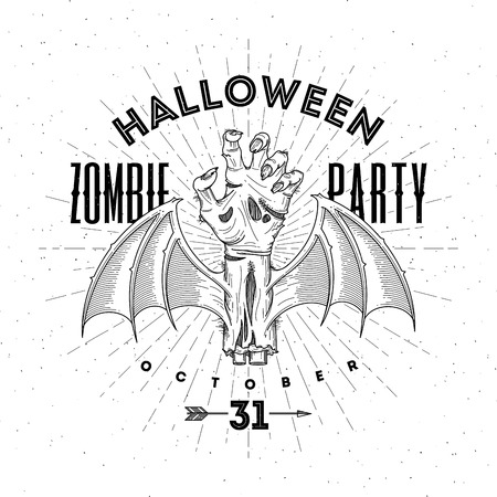 Zombie rotten hand with bat wings - halloween line art vector illustrationのイラスト素材