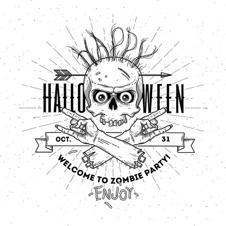 Halloween poster with zombie head and hand - line art vector illustrationのイラスト素材