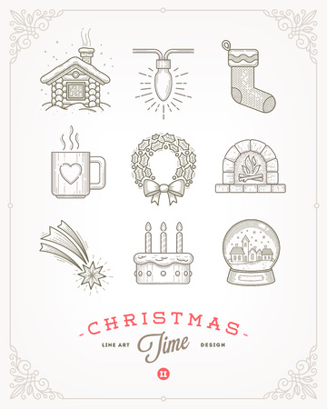 Line art vector illustration - Set of Christmas signs and symbolsのイラスト素材
