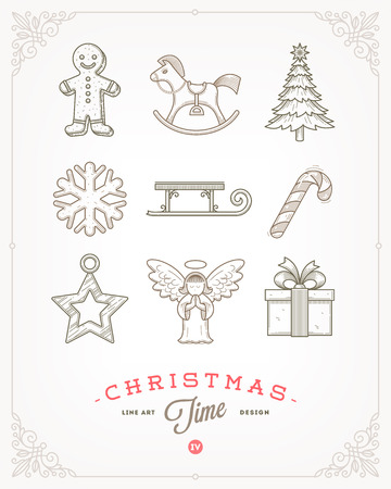 Line art vector illustration - Set of Christmas signs and symbolsのイラスト素材