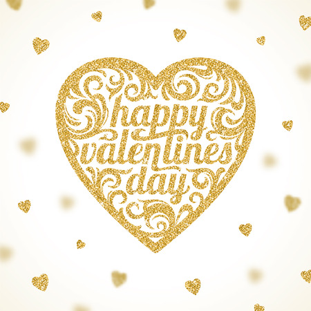 Happy valentines day - vector greeting card with glitter gold heartsのイラスト素材